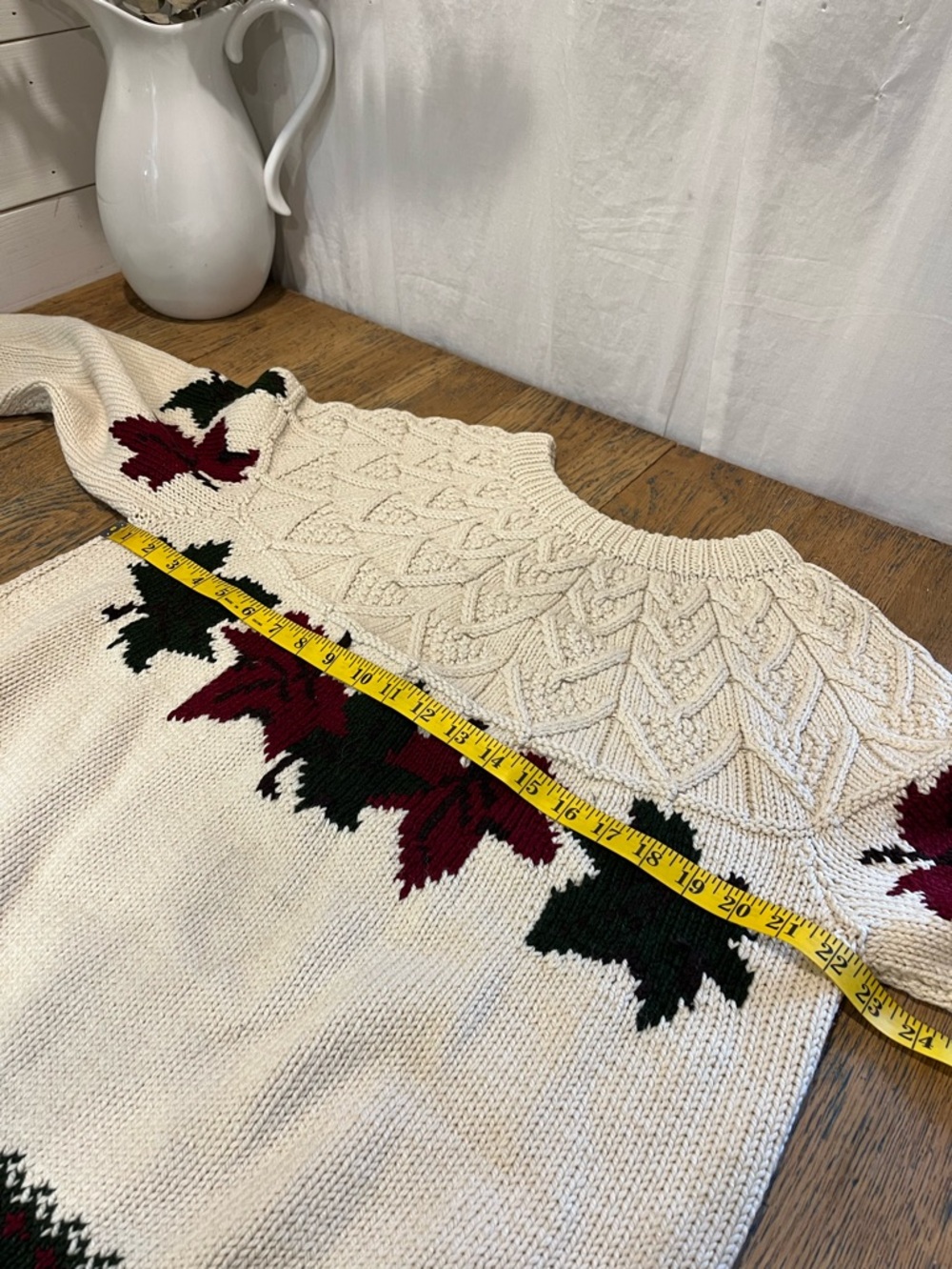 HANDMADE Cream Leaf Pattern Knit Sweater L/XL - Picture 9 of 12